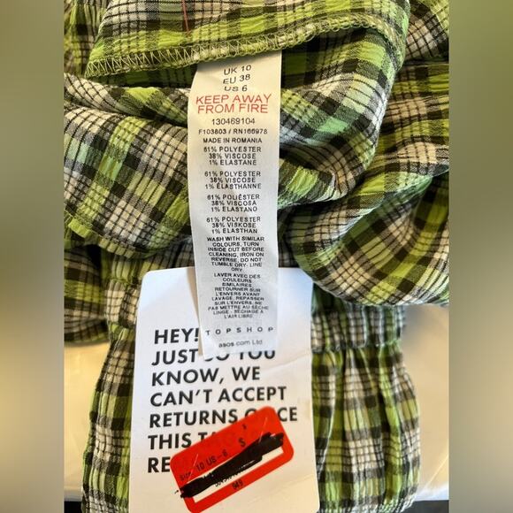 Topshop Green Plaid Off Shoulder Peasant Blouse Long Sleeve Women's US 6 NWT - Picture 3 of 6